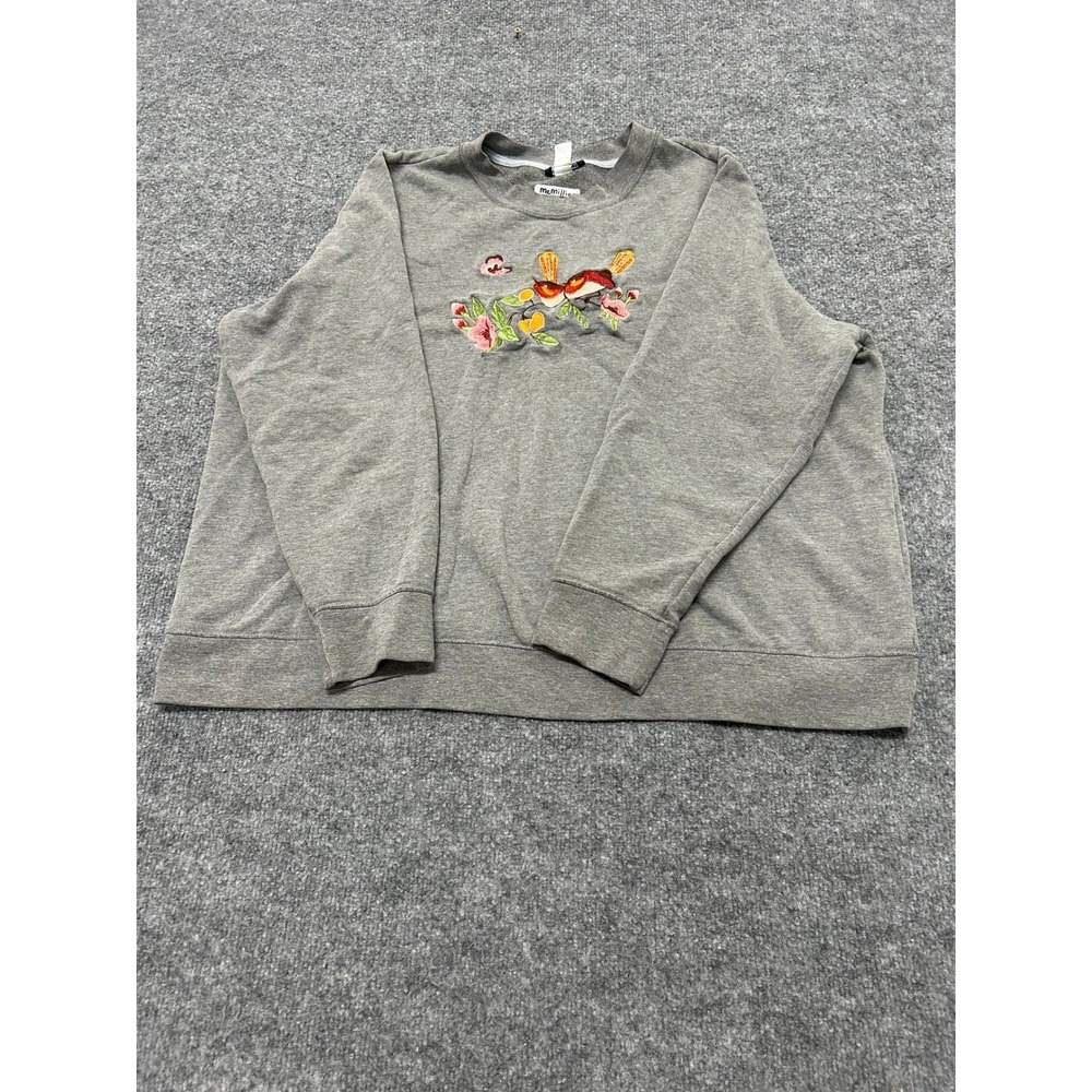Basic Editions Sweatshirt Womens 2X Gray Embroidered Bird Floral Crew Neck